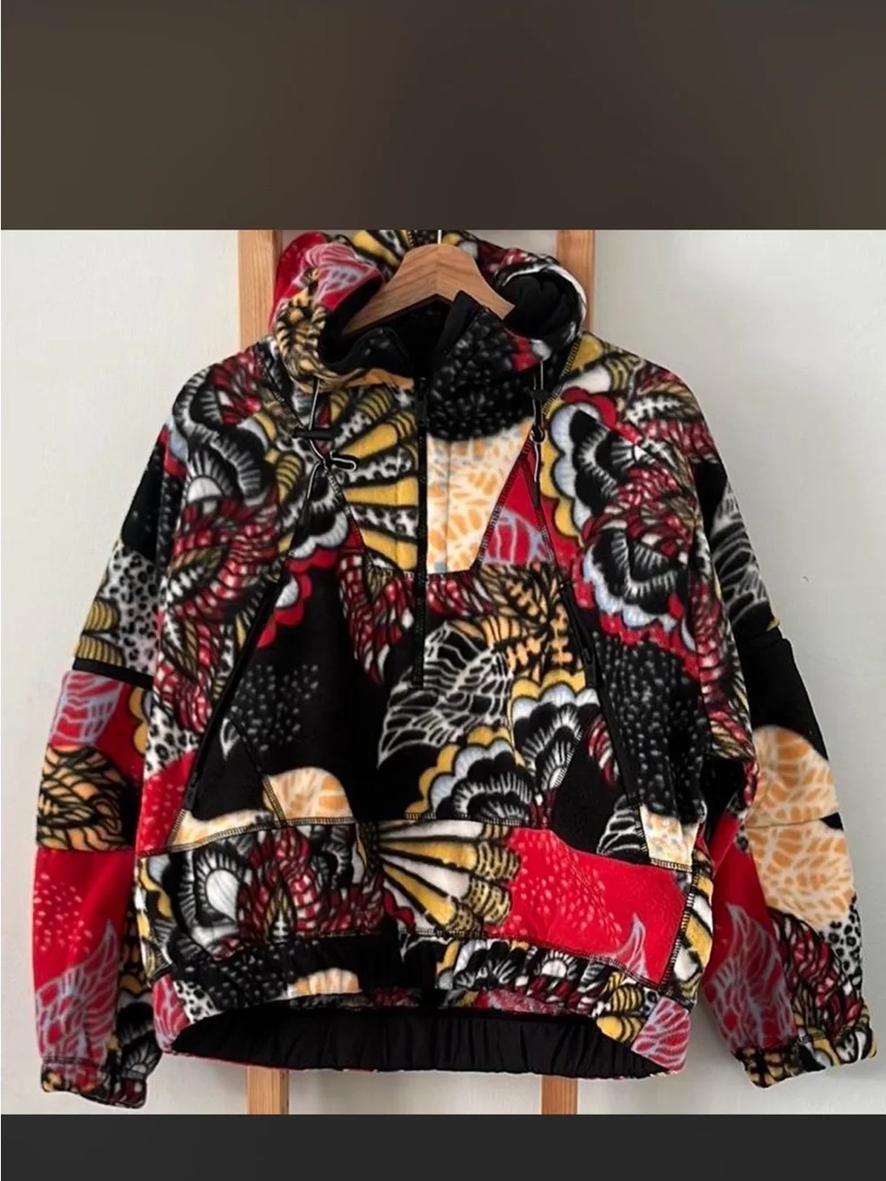 Free People Quilted Floral Patchwork Hooded Pullover - Black, Red, Cream